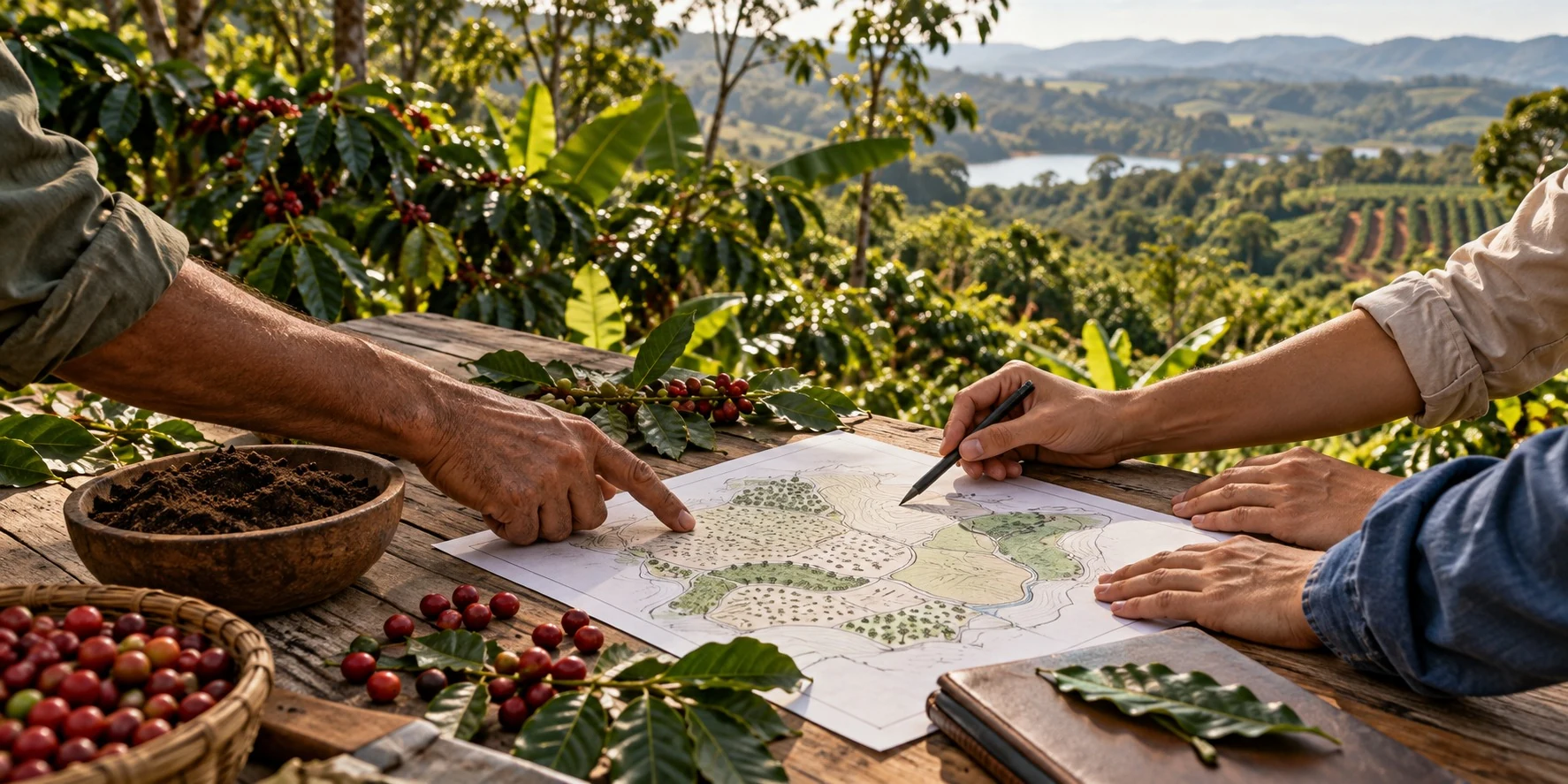 Illustrative scene of hands collaborating on farm planning, with soil samples and harvested coffee