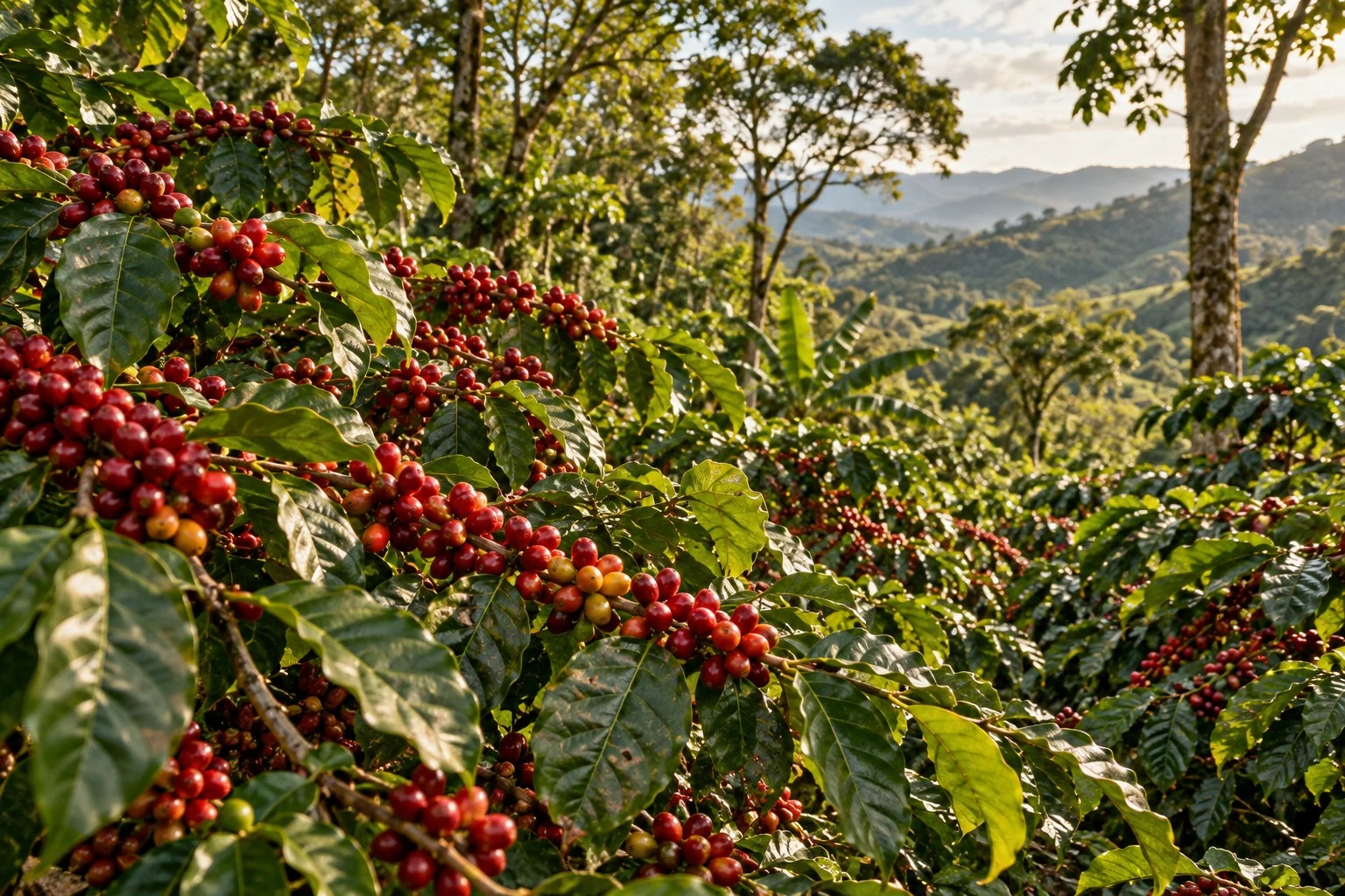 Illustrative view of ripe coffee cherries and leafy branches in a shaded Brazilian agroforestry landscape