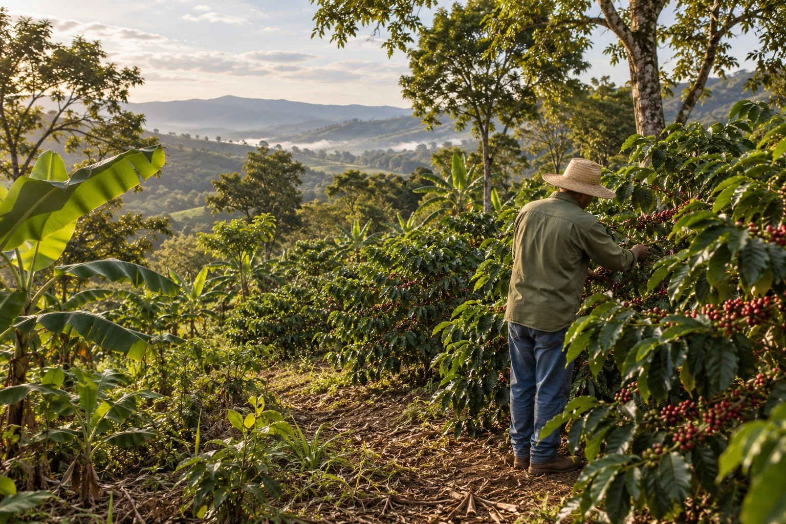 Illustrative scene of a Brazilian farmer tending coffee in a diversified agroforestry landscape, seen from behind