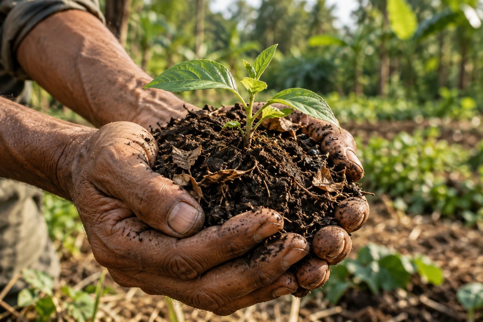 Illustrative image of hands holding living soil and a young plant
